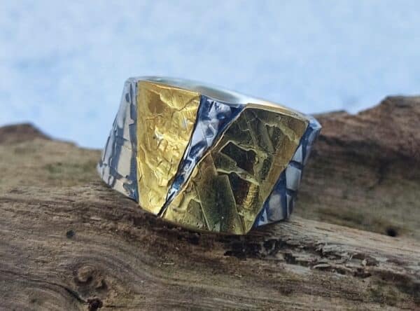 Breiter Unikat Ring Silber 925 Gold 750 mit Strukturen Leguanhaut Ringgröße 56