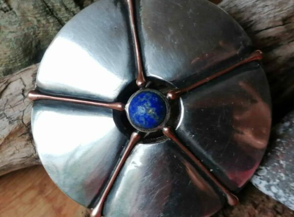 Unikat Brosche rund Silber 925 Kupfer Lapis Lapislazuli Blüte Blume