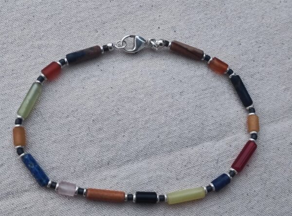 Armkette Armband Silber 925 diverse bunte Steine Zylinder 23,5 cm Unikat
