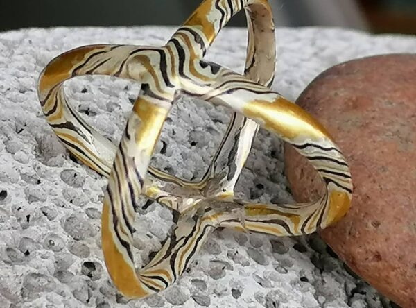 Unikat Ring Mokume Gane Gold 900 Palladium 500 Silber 925 Kreuzring 54 nahtlos geschmiedet