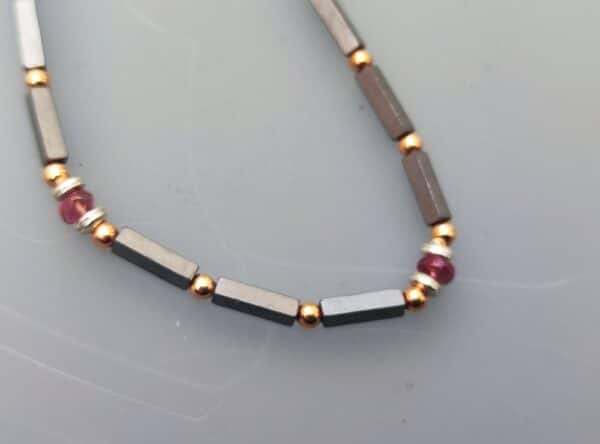 Unikat Kette Silber 925 rotvergoldet Hämatit rosa Spinell Linsen facettiert 43 cm