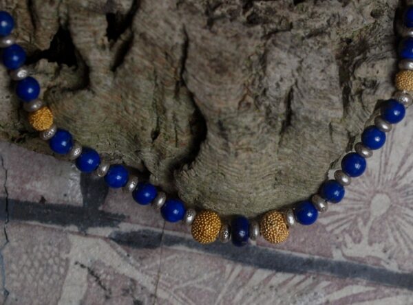 Unikat Kette Silber 925 vergoldet granuliert Granulation Lapis Lazuli Kugeln