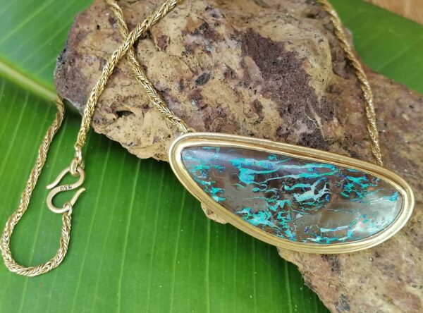 Unikat Brosche Kette Fuchsschwanzkette gedreht Collier Gold 750 Opal Boulder 42 cm