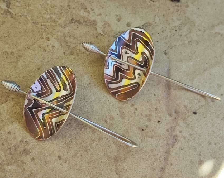 Unikat Ohrschmuck Ohrringe Ohrhänger Mokume Gane Silber 925 Shakudo Shibuichi Segel