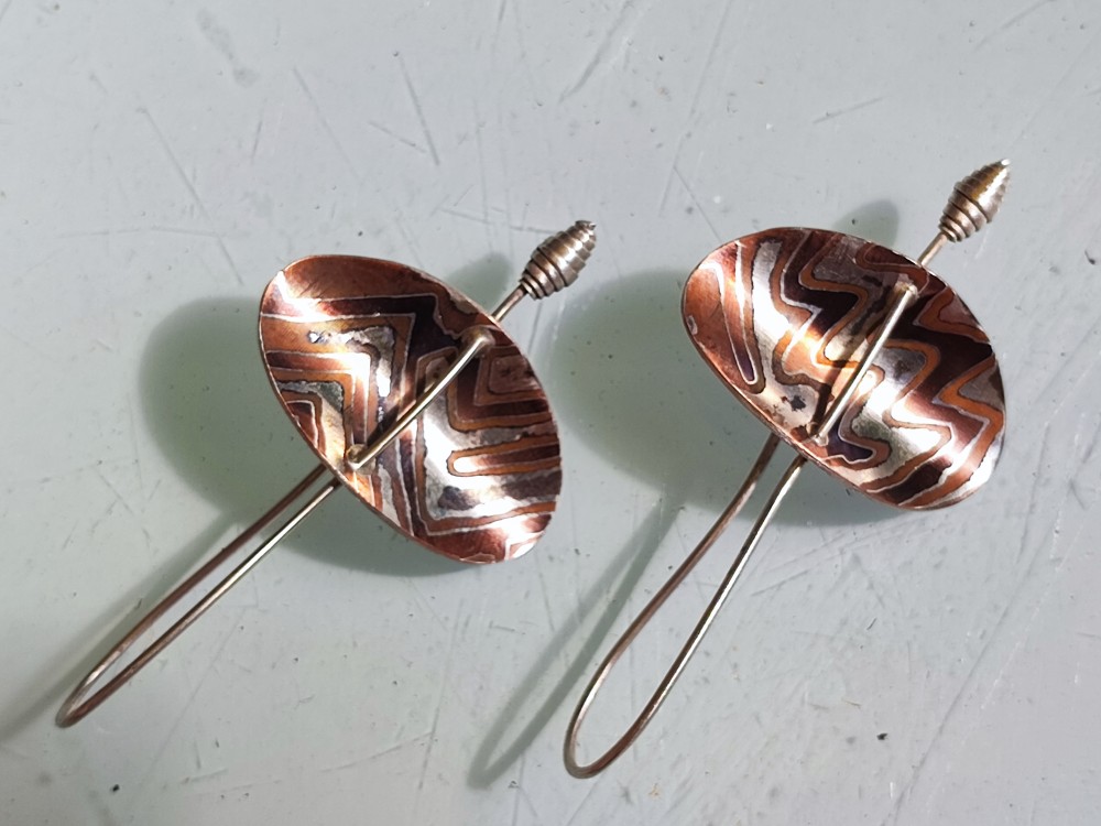 Unikat Ohrschmuck Ohrringe Ohrhänger Mokume Gane Silber 925 Shakudo Shibuichi Segel