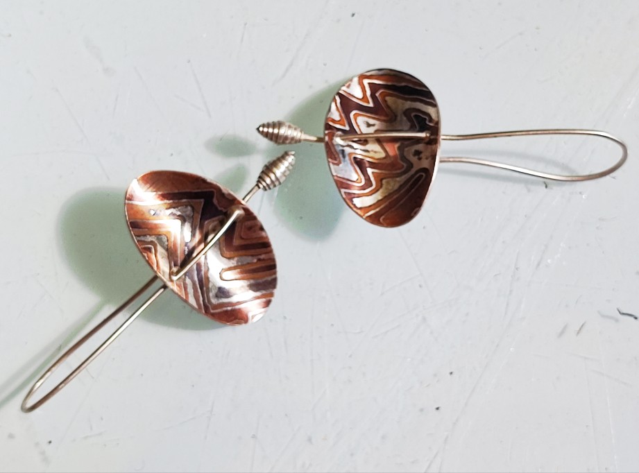 Unikat Ohrschmuck Ohrringe Ohrhänger Mokume Gane Silber 925 Shakudo Shibuichi Segel