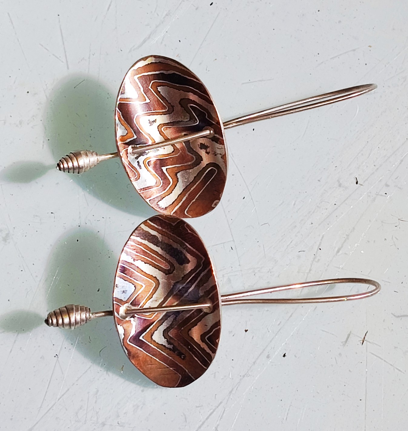 Unikat Ohrschmuck Ohrringe Ohrhänger Mokume Gane Silber 925 Shakudo Shibuichi Segel