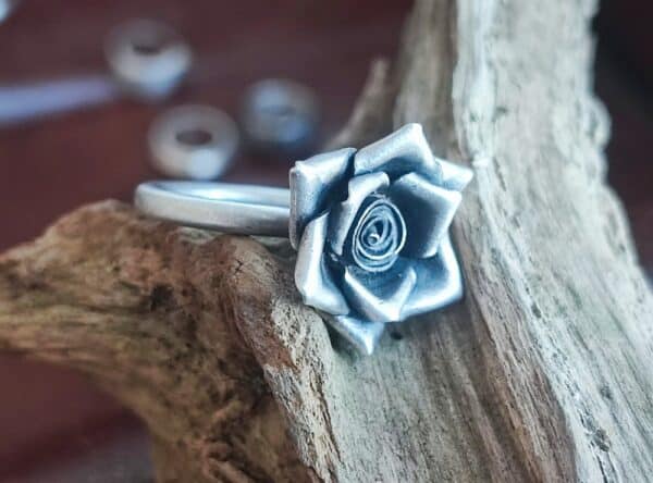 Unikat Ring Silber 925 Blüte Rose Blume ziseliert Ringgröße 59