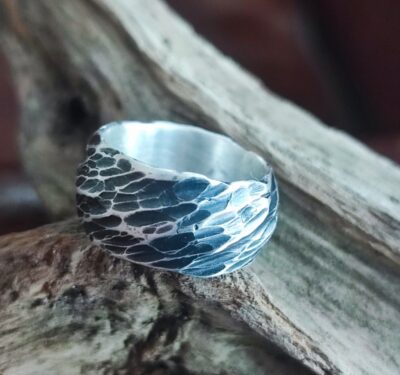 Unikat Ring Silber 925 grob geschmiedet mit Strukturen Ringröße 54 Rindenstruktur geschwärzt