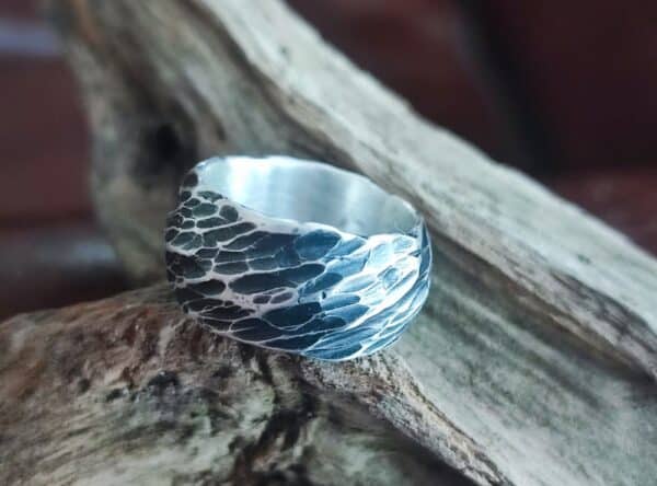 Unikat Ring Silber 925 grob geschmiedet mit Strukturen Ringröße 54 Rindenstruktur geschwärzt