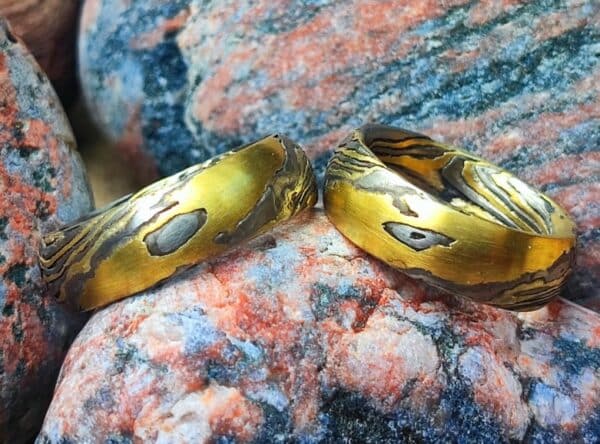 Unikat Ring Mokume Gane Gold 900 Palladium 500 Silber 925 Holzmaserung geätzt 55,5