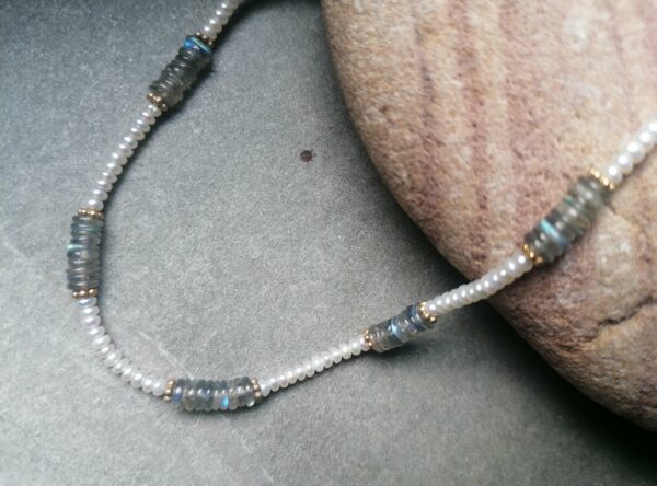 Unikat Kette Silber 925 vergoldet Labradorit Chips Zuchtperlen 40 cm