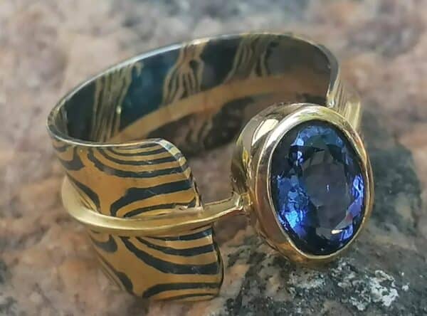 Unikat Ring Gold 900, 750 Palladium 500 Mokume Gane Tanzanit Tansanit Bestellung