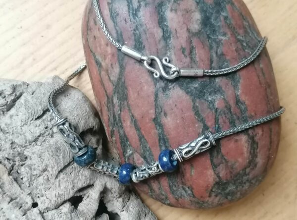 Unikat Kette Silber 925 Zylinder belötet geschwärzt Lapislazuli 48 cm