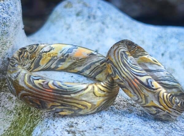 Trauringe Mokume Gane Gold 900 Palladium 500 Silber Sternmuster doppelt tordiert