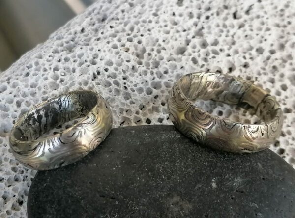 Trauringe Mokume Gane Palladium 500 Rotgold Grüngold 585 Silber 925 geätzt  Sternmuster