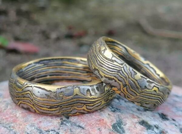 Trauringe Mokume Gane Unikate Gold 900 Palladium 500 Silber 925 Wellenmuster 1 Paar
