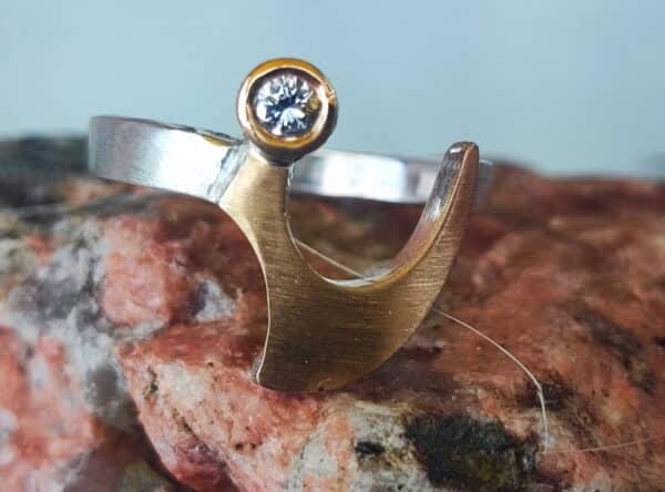 Unikat Ring Silber 925 Gold 750 matt Brillant 0,13 ct lupenrein top wesselton 56 Bogen geschwungen