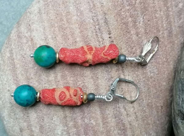 Unikat Ohrschmuck Ohrring Silber 925 Koralle Chrysokol Kugel, Hämatit