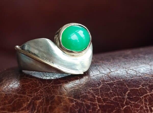 Unikat Ring Silber 925 Gold 750 Chrysopras Cabochon oval Ringgröße 56