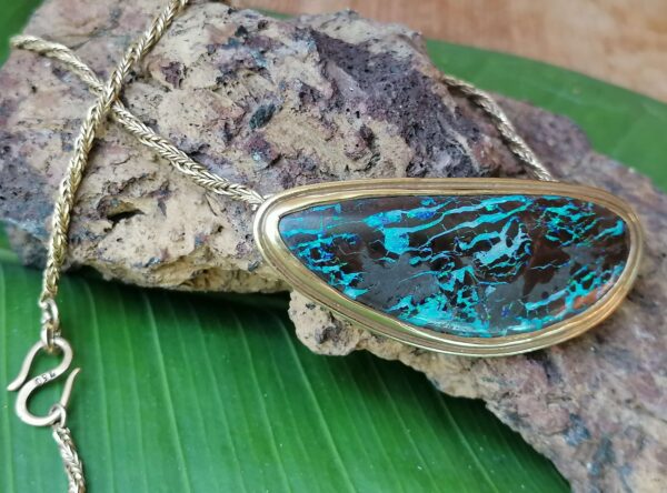 Unikat Brosche Kette Fuchsschwanzkette gedreht Collier Gold 750 Opal Boulder 42 cm