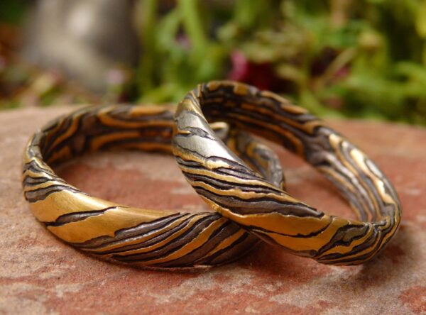 Trauringe Mokume Gane Gold 900 Palladium 500 Silber 925 geätzt