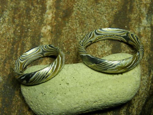 Trauringe Mokume Gane Gold 900 Palladium 500 Silber 925