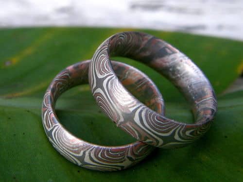 Trauringe Mokume Gane Rotgold 585 Palladium 500 Silber