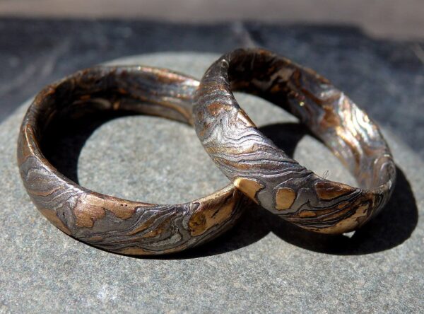 Trauringe Mokume Gane Rotgold 585 Palladium 500 Silber geätzt