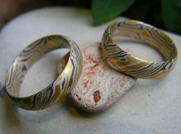 Trauringe Mokume Gane Gold 900 Palladium 500 Silber 925