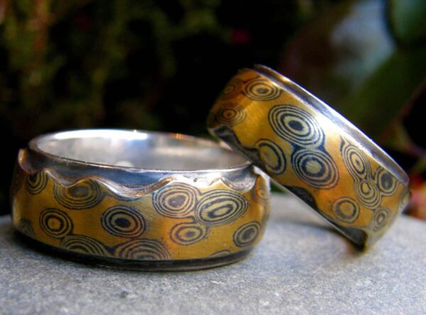Trauringe Mokume Gane Gold 900 Palladium 500 Silber 925 Wurzelholzmaserung