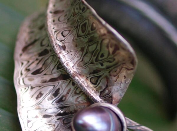 Mokume gane Armspange Armreif Silber 925 Shakudo Shibuichi Tahiti Perle