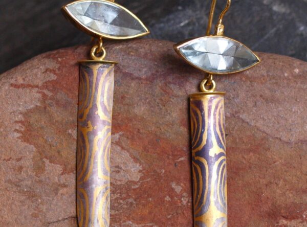 Ohrschmuck Ohrringe Mokume Gane Gold 750/900 Palladium 500  Aquamarin