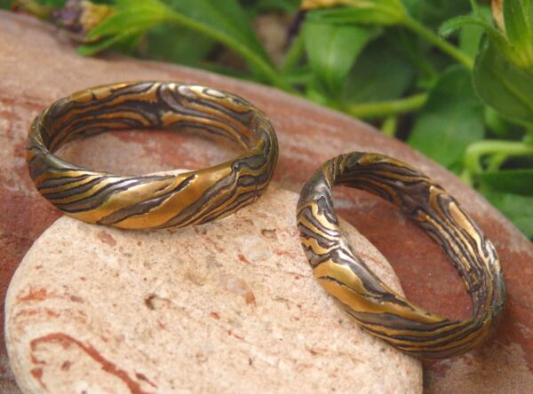 Trauringe Mokume Gane Gold 900 Palladium 500 Silber 925 geätzt