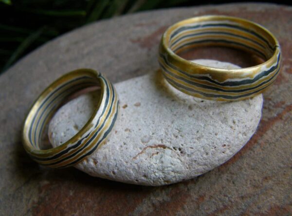 Trauringe Mokume Gane Gold 900 Palladium 500 Silber 925 Wellenmuster 1 Paar