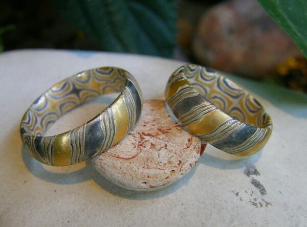 Trauringe Mokume Gane Gold 900 Palladium 500 Silber 925