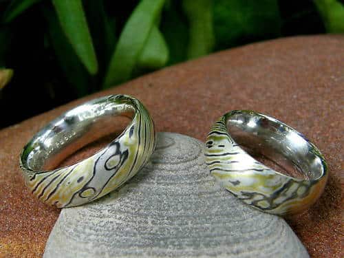 Trauringe Mokume Gane Gold 900 Palladium 500 Silber 925