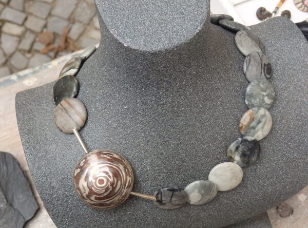 Unikat Kette Collier Jaspis Linsen  Mokume Gane Verschluss