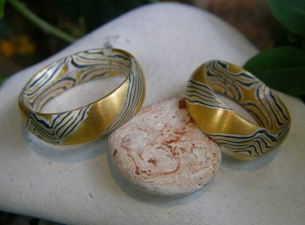 Trauringe Mokume Gane Gold 900 Palladium 500 Silber 925