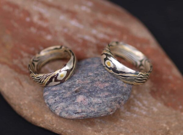 Trauringe Mokume Gane Gold 900 Palladium 500 Silber 925 Holzmaserung