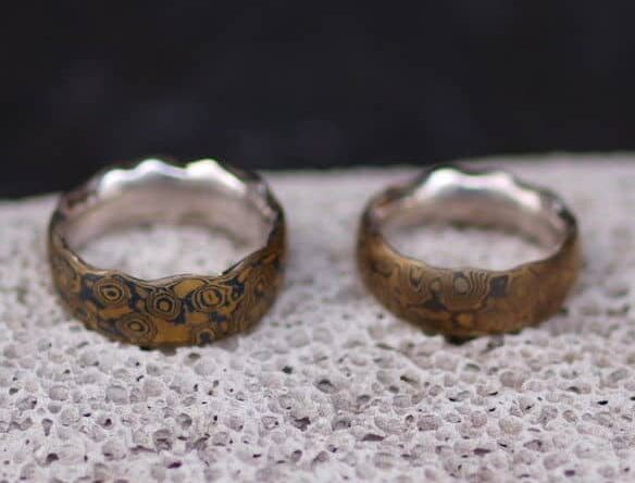 Trauringe Mokume Gane Gold 900 Palladium 500 Silber 925 Wurzelholzmaserung
