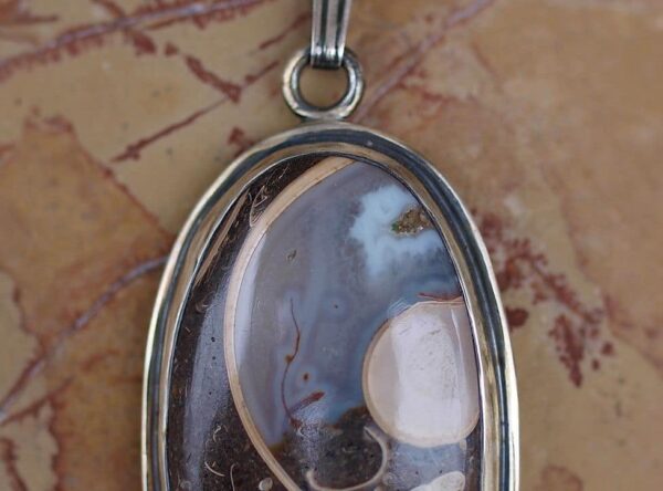 Designer Kette Silber 925 Fossilkalk Quarz Chalcedon