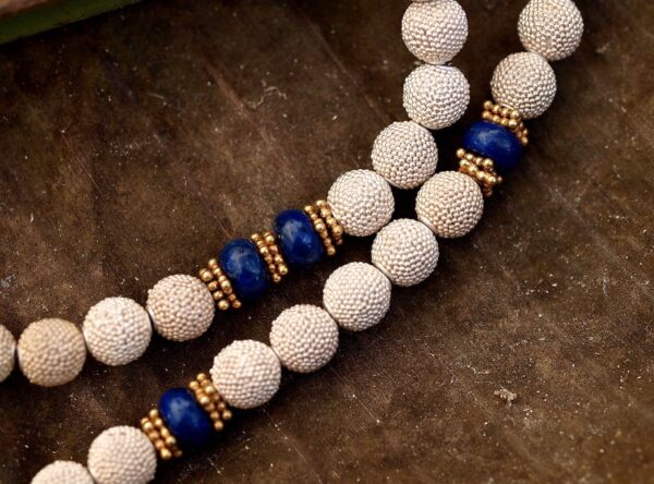 Unikat Kette Silber 925 tlw vergoldet granuliert Kugel Lapis Lazuli Hämatit