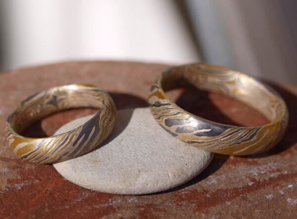 Trauringe Mokume Gane Gold 900 Palladium 500 Silber 925 geätzt