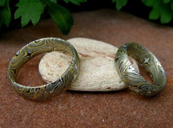 Trauringe Mokume Gane Gold 900 Palladium 500 Silber 925 geätzt