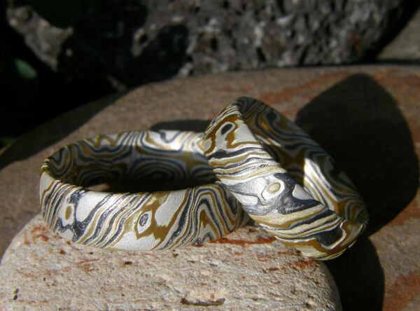 Trauringe Mokume Gane Gold 900 Palladium 500 Silber 925 geätzt