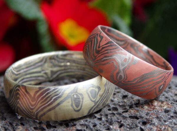Trauringe Mokume Gane Rotgold Grüngold 585 Palladium 500 Silber 925